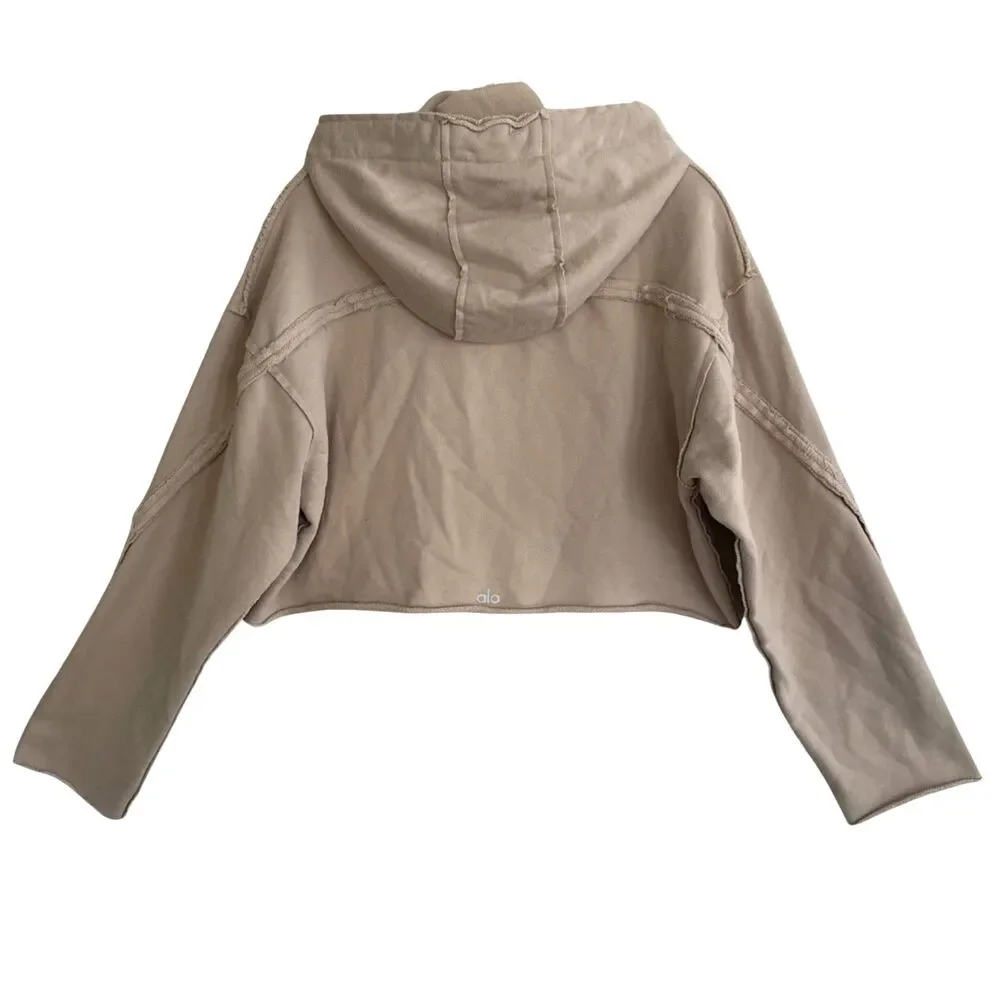 Alo Yoga Effortless Cropped Hoodie Womens Sz M Taupe Cotton Blend Raw Edge